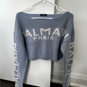 Balmain Light Blue Cropped Logo Knit Sweater with Cream Lettering